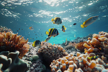 Fototapeta premium Vibrant underwater scene filled with colorful tropical fish swimming among the coral reef in crystal-clear turquoise water.