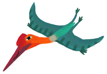 cartoon happy and funny colorful prehistoric dinosaur dino quetzalcoatlus isolated illustration with child pointing on animal and reading learing school book of natural history © honeyflavour