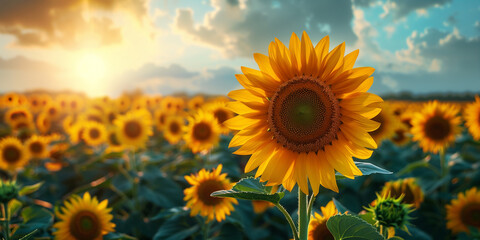 Obraz premium field of yellow sunflowers, blue sky, flag of Ukraine, banner copy space. Day of National Flag, Unity, Constitution, Ukrainian Statehood, Independence, Defenders Defendresses, Armed Forces