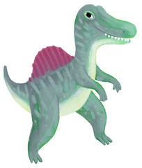 Fototapeta premium cartoon happy and funny colorful prehistoric dinosaur dino spinosaurus isolated illustration with child pointing on animal and reading learing school book of natural history