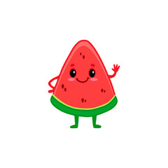 Cute watermelon character isolated on white background. Cartoon fruit, slice of watermelon. 