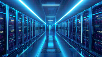 Fototapeta premium A high-definition depiction of a modern data center with rows of operational server racks.