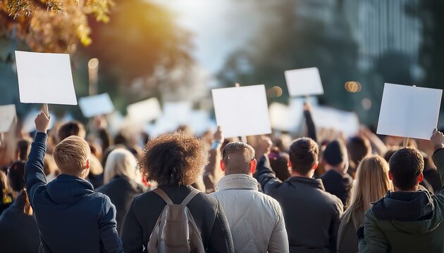 Many people gathered on the street holding signs protesting and demonstrating in a rally 