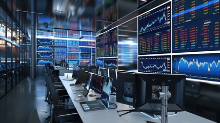 sleek modern office filled with high-tech screens displaying stock market trends and financial data