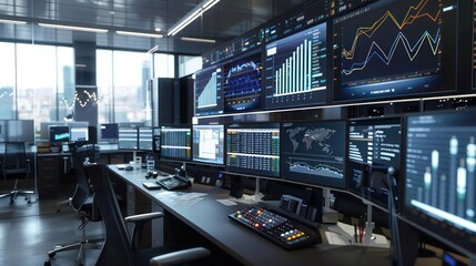 sleek, modern office filled with high-end computers showing complex financial models and projections on multiple screens