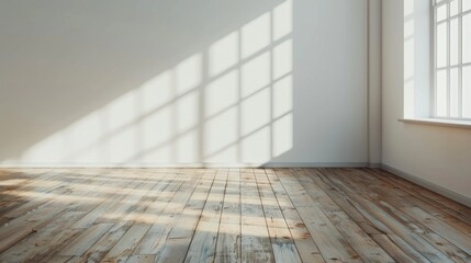 Modern empty room with wooden floor, windows and white plain wall. Contemporary interior background
