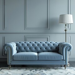 Grey interior with stylish upholstered blue sofa and lamp