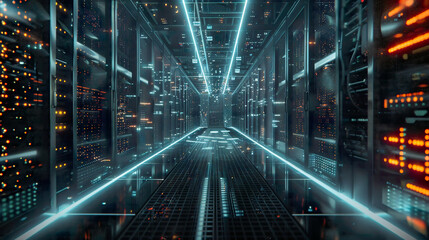 A shot of a data center featuring multiple rows of fully operational server racks.