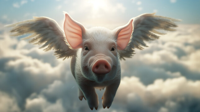 Illustration of pink pig flying high in the sky among clouds, When pigs fly, copy space