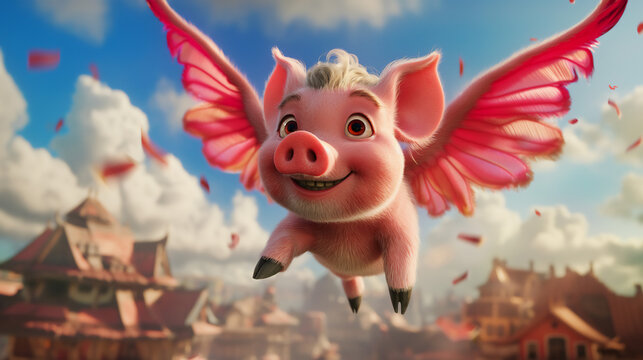 Cute pink pig flying over town through the sky, when pigs fly, copy space