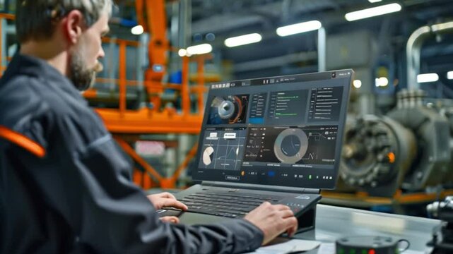 An industrial worker sits in a factory setting, monitoring machine data on a laptop.