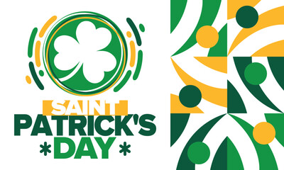 Saint Patrick's Day. Traditional irish happy holiday. Celebrate annual in March 17. Clover and shamrock leaves. Green and orange party design. Ireland color. Poster, card, banner, background. Vector