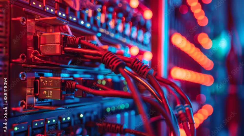 Poster network hardware. telecommunication technologies. server room. modem with fiber optic cables. router