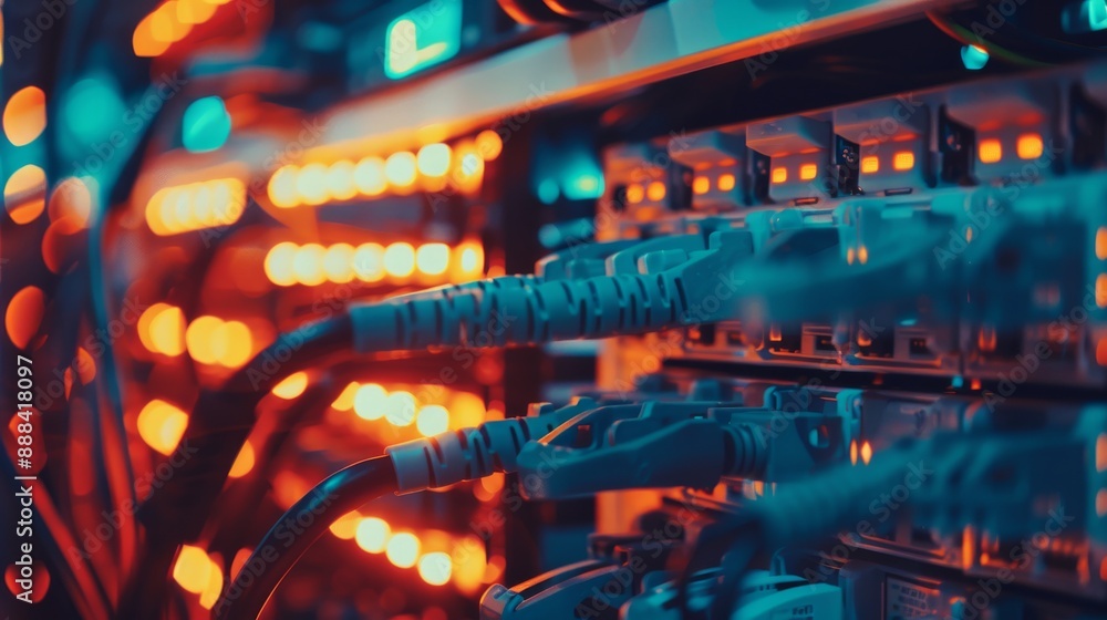 Poster network hardware. telecommunication technologies. server room. modem with fiber optic cables. router