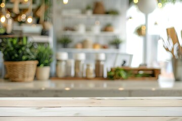 White table with blurred lights in bright interior