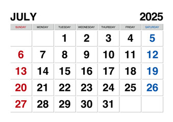 2025年7月のカレンダー日曜始まり日本の祝日表記無し
