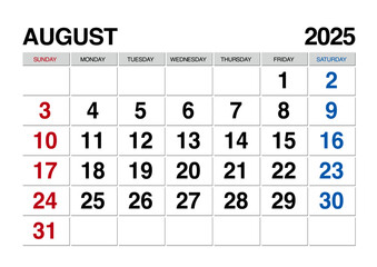 2025年8月のカレンダー日曜始まり日本の祝日表記無し
