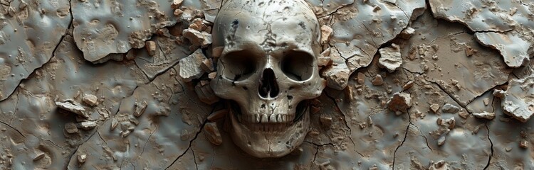 Obraz premium Cracked Stone Surface With A Human Skull Embedded
