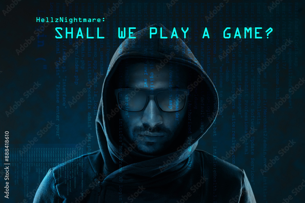 Poster hologram, crime and dangerous hacker in hoodie on dark or black background with code, fraud and viru
