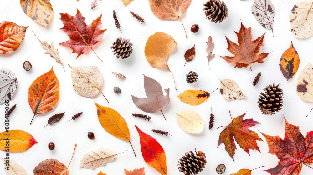 Poster autumn foliage elements isolated on white background overhead view with copy space ideal for instagr