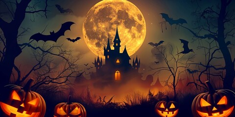 Fototapeta premium A Halloween scene featuring spooky pumpkins, Dracula's castle, and bats silhouetted against a full moon