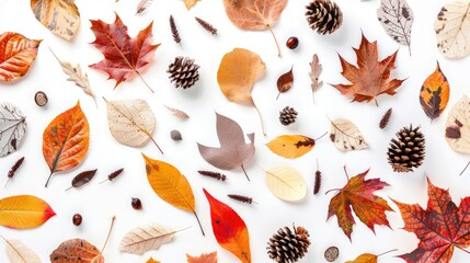 Autumn foliage elements isolated on white background Overhead view with copy space Ideal for Instagram posts
