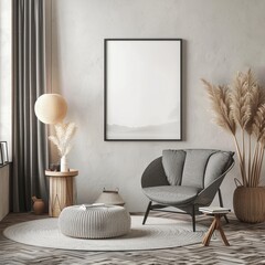 Modern living room with blank framed poster on wall, Mock up poster frame. Concept interior design