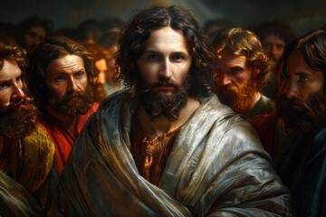 Obraz premium Holy tableau: a portrait of Jesus Christ and his 12 apostles, unity and devotion among the followers, profound teachings and enduring legacy of their spiritual journey together.