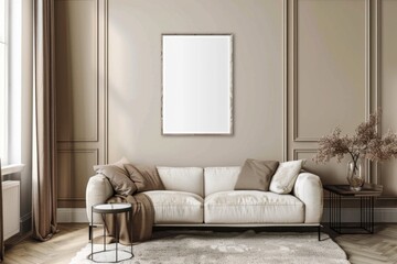 Modern living room with blank framed poster on wall, Mock up poster frame. Concept interior design
