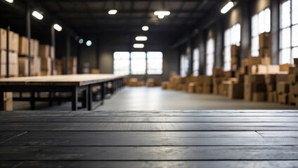 Obraz premium empty and clean black wooden table with blurry warehouse