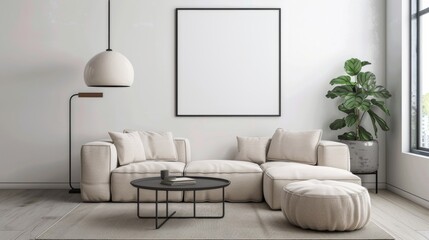 Modern living room with blank framed poster on wall, Mock up poster frame. Concept interior design