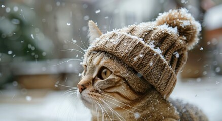 Obraz premium Tabby Cat Wearing a Knit Hat in the Snow