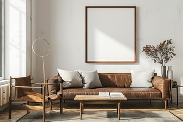 Modern living room with blank framed poster on wall, Mock up poster frame. Concept interior design