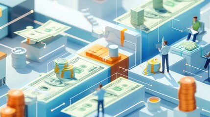 Obraz premium animated model of cash flow optimization in a corporate setting, showing fluid movements of funds and adjustments in real-time