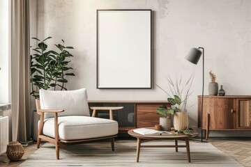 Modern living room with blank framed poster on wall, Mock up poster frame. Concept interior design