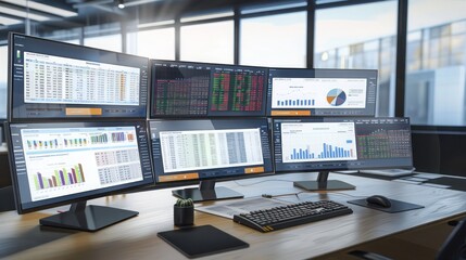 Naklejka premium advanced treasury workstation with multiple monitors displaying real-time financial data and analytics