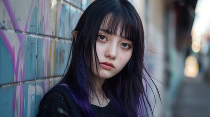 Fototapeta premium a cute girl vivid color, medium long black straight wig with purple highlights with bangs