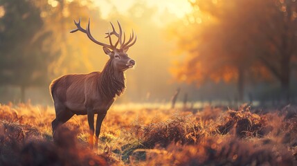 Red deer standing gracefully in the morning sunlight