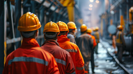 Workers at an industrial facility on strike. Individuals wearing construction helmets voice discontent for improved work conditions and increased pay