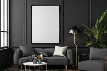 Modern living room with blank framed poster on wall, Mock up poster frame. Concept interior design