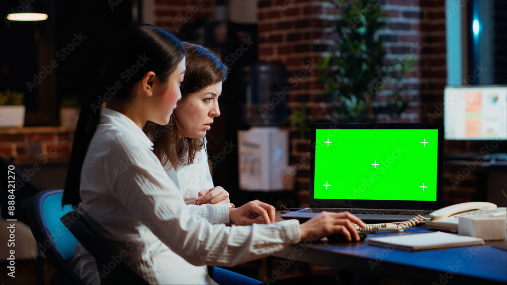 Poster manager and company financial advisor analyzing statistical graphs on green screen laptop. managemen