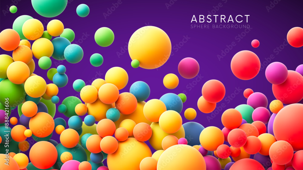 Poster colorful rainbow gradient matte soft balls in different sizes. many abstract bright multicolored fly