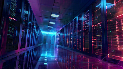 Fototapeta premium An ultra-realistic depiction of a state-of-the-art data center showcasing rows of fully operational server racks.