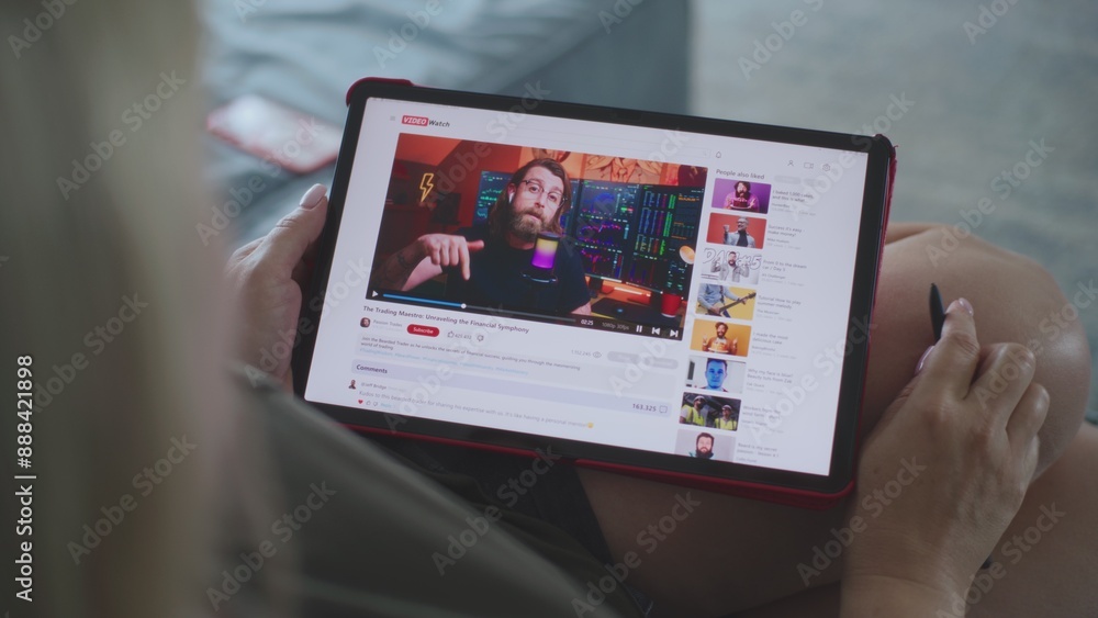 Poster caucasian woman watches educational video of blogger about stock trading using tablet computer while