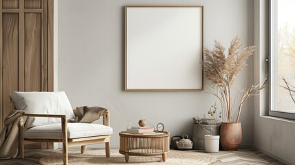 Modern living room with blank framed poster on wall, Mock up poster frame. Concept interior design
