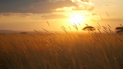 Naklejka premium African savannah at dawn or dusk, with tall grass moving in the wind generative ai