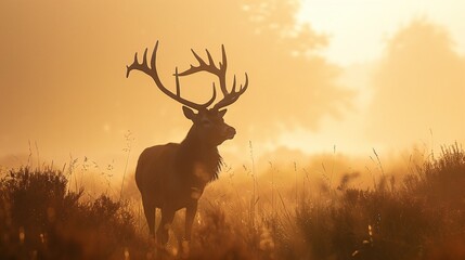 Silhouette of a red deer stag in the mist