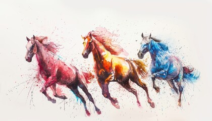 Three Horses Running Wild and Free. A Colorful Watercolor Painting