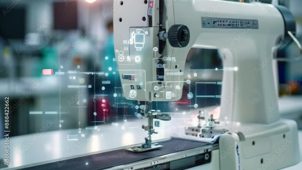 Poster a close-up shot of a modern sewing machine with a digital interface displaying data and diagrams, si