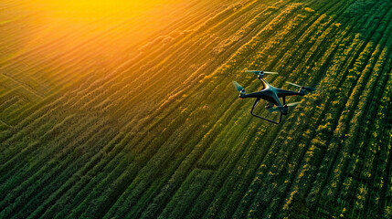 Drone Photo of AI in Agriculture, in a Farming Field, with Aerial Sunlight, from a Bird's Eye View Angle, Demonstrating the Use of Technology in Farming Practices